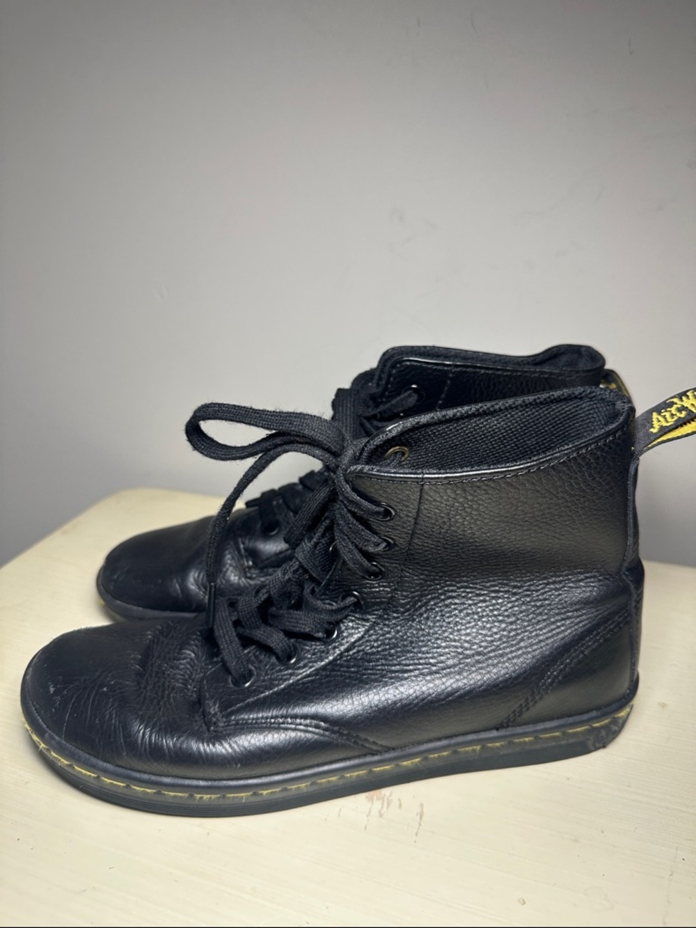 Doc Martens Black Leather Lace-Up Boots with Yellow Stitching - Picture 3 of 8